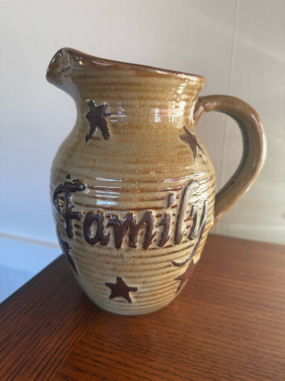 Nantucket Home “Family” Ribbed Stoneware Pitcher  7.5” Farmhouse Country